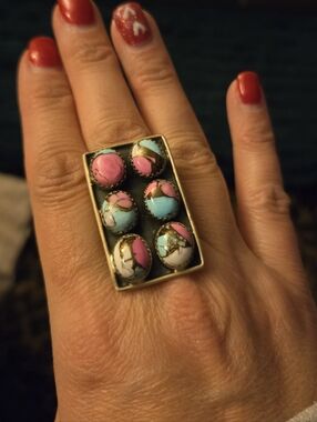 Cotton Candy Turquoise Statement Multi-Stone Rectangle Ring, Sterling Silver